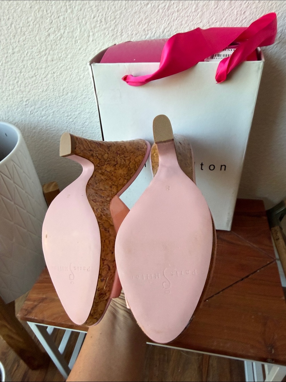 Paris Hilton Pink Patent Cork Wedge Mules - Picture 5 of 6